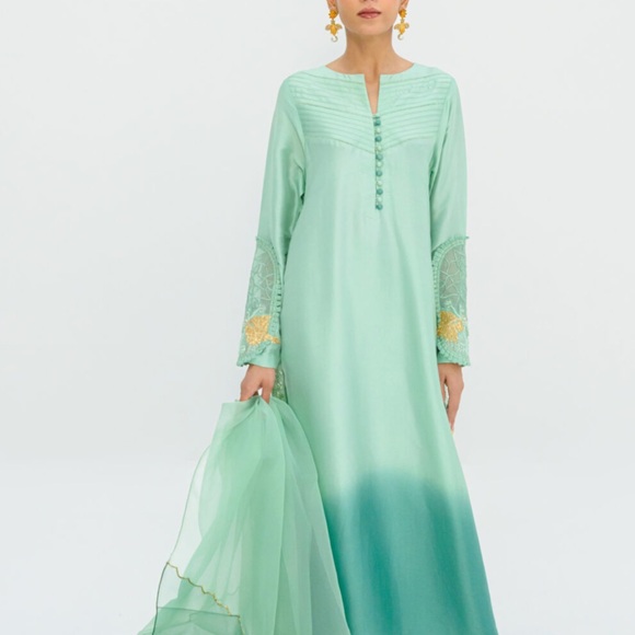 Sofia Naveed Lari Green Embellished Long Sleeve Kameez - Picture 1 of 7
